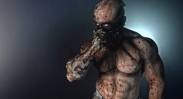 Retrato Asesino Zombi Muscular Con Máscara Cubierta Sangre Posando Sobre — Foto de Stock