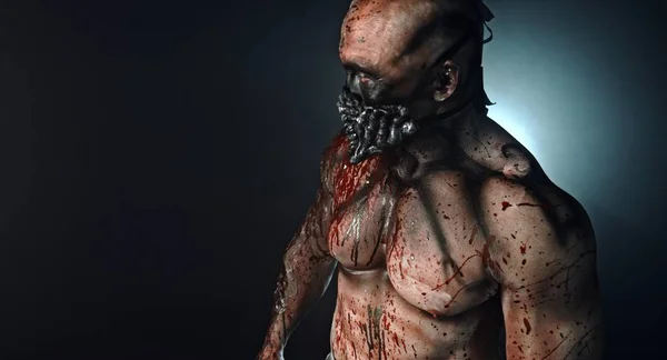 Porträtt Muskulös Zombie Killer Med Mask Täckt Blod Poserar Mot — Stockfoto