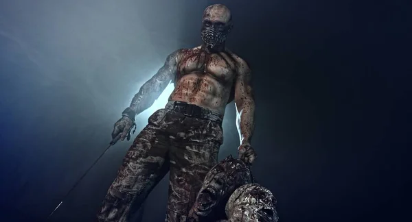 Ritratto Zombie Killer Muscolare Con Machete Teste Zombie Posa Contro — Foto Stock