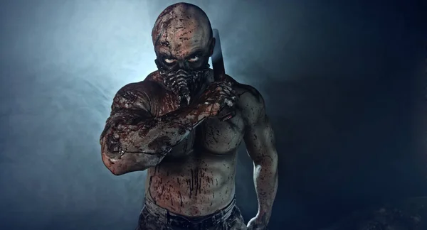 Potret Pembunuh Zombie Menyeramkan Dengan Parang Terhadap Latar Belakang Gelap — Stok Foto