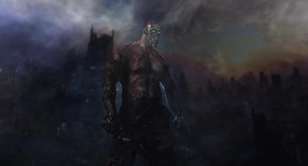 Zombie Killer Posiert Mit Machete Vor Dunklem Hintergrund — Stockvideo
