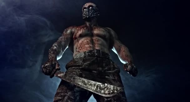 Male Zombie Killer Machete Posing Dark Misty Background — Stock Video