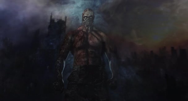 Mężczyzna Zombie Killer Maczetą Pozowanie Ciemnym Tle Mglisty — Wideo stockowe