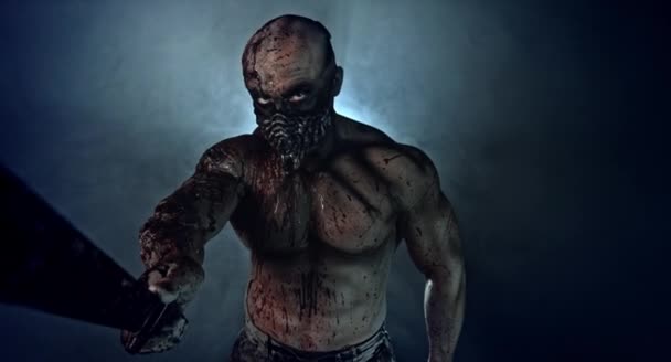 Male Zombie Killer Machete Posing Dark Misty Background — Stock Video
