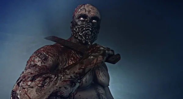 Retrato Asesino Zombie Espeluznante Con Machete Contra Fondo Oscuro Brumoso — Foto de Stock