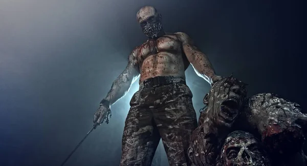 Portrait Muscular Zombie Killer Machete Zombie Heads Posing Dark Background — Stock Photo, Image