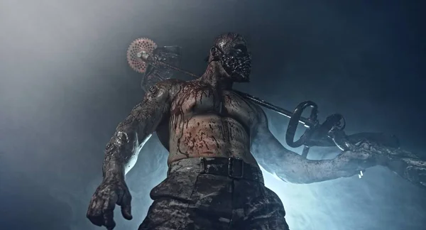 Männlicher Zombie Killer Mit Aufgerüstetem Rasenmäher Vor Nebligem Hintergrund Mit — Stockfoto