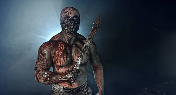 Retrato Asesino Zombie Espeluznante Con Machete Contra Fondo Oscuro Brumoso — Foto de Stock