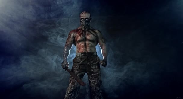 Tueur Zombie Mâle Avec Machette Posant Sur Fond Sombre Brumeux — Video