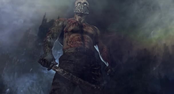 Mannelijke Zombie Killer Met Machete Poseren Tegen Donkere Mistige Achtergrond — Stockvideo