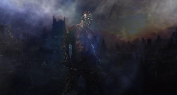 Maschio Zombie Killer Con Machete Posa Contro Oscuro Sfondo Nebbioso — Video Stock