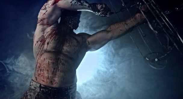 Muscular Zombie Killer Modern Bow Posing Dark Background — Stock Video