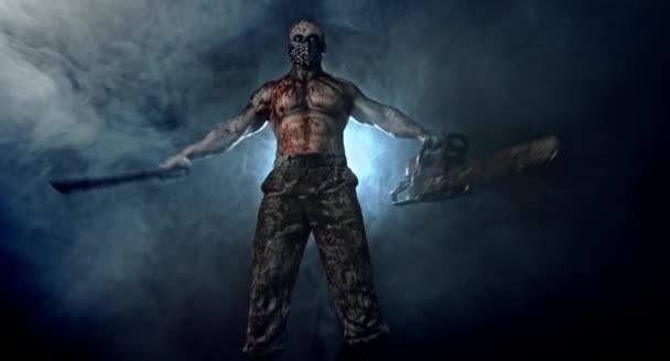Zombie Killer Machete Chainsaw Posing Misty Background — Stock Video