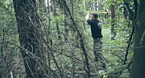 Skäggigt Kaukasiskt Man Hugga Trä Med Yxa Skogen — Stockfoto