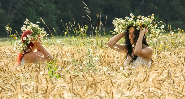 Duas Mulheres Bonitas Com Flores Juntas Campo Trigo Dia Ensolarado — Fotografia de Stock