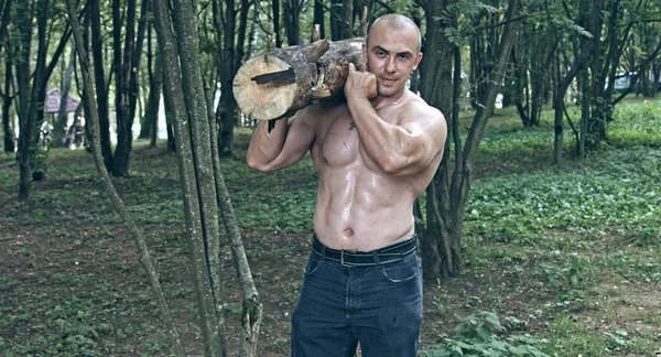 Muscular Caucasian Man Holding Log Forest — Stock Photo, Image