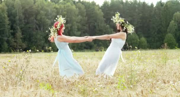 Due Giovani Donne Ghirlande Che Danzano Insieme Nel Campo Grano — Video Stock