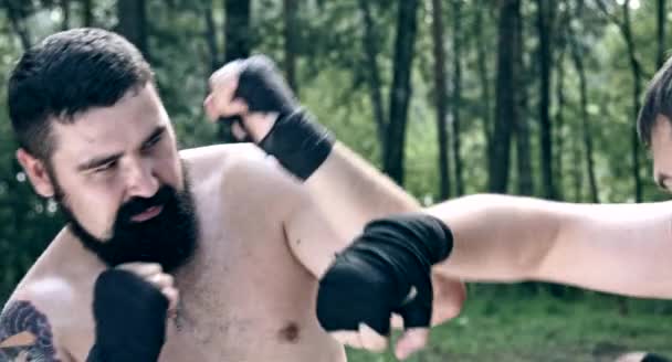 Two Caucasian Men Practicing Box Blows Forest Camp — Stock Video