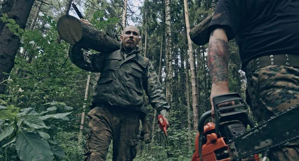 Two Brutal Caucasian Lumberjacks Holding Logs Forest — Stock Photo, Image