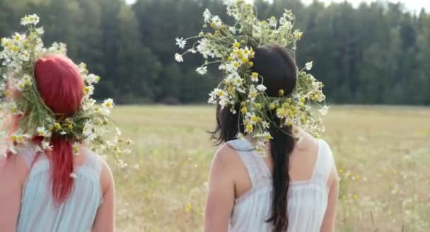 Dos Hermosas Mujeres Con Flores Guirnaldas Juntas Campo Trigo Día — Vídeo de stock