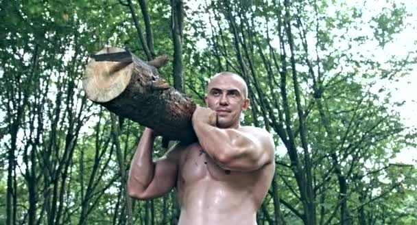 Homme Caucasien Musclé Tenant Une Bûche Dans Forêt — Video