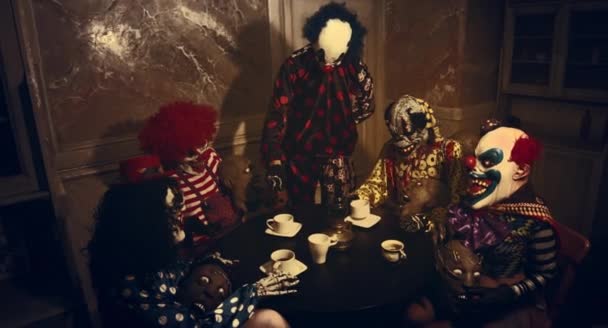 Scary Clowns Having Halloween Tea Party Dark Decorations — Stock Video