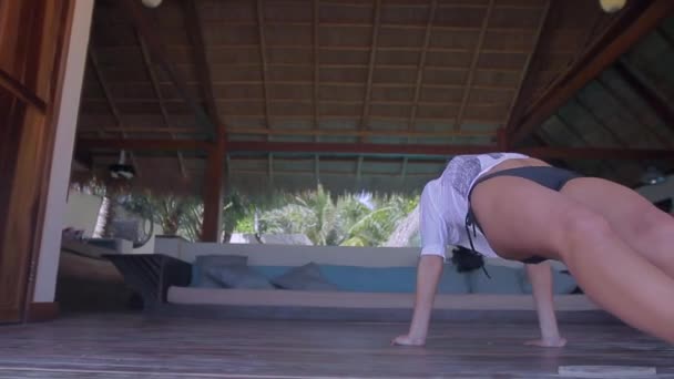 Young Healthy Woman Making Yoga Exercises Bungalow House — 비디오