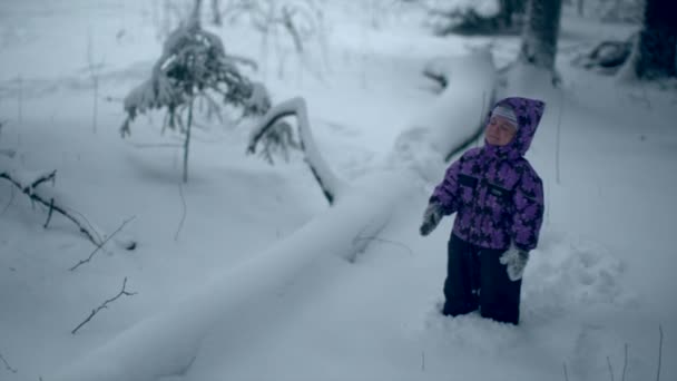 Gråtande Liten Pojke Vinter Outfit Snow — Stockvideo