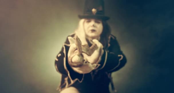 Человек Карнавальном Костюме Шляпе Позирует Змеей Руках Туманном Фоне — стоковое видео