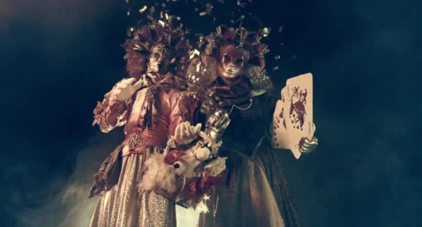 Two People Venetian Costumes Posing Big Playing Cards — Stock Video