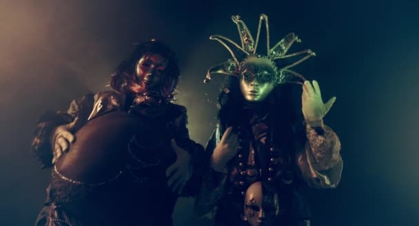 Women Venetian Costumes Masks Posing Dark Background — Stock Video