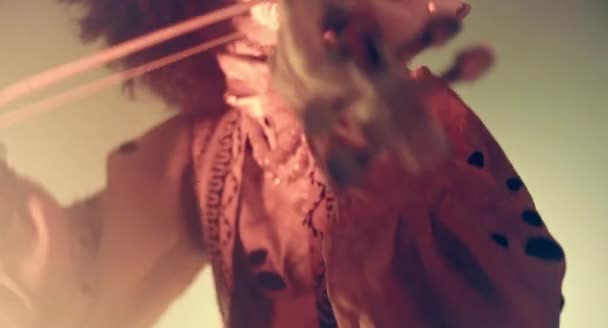 Vrouw Venetiaanse Kostuum Masker Poseren Met Viool Tegen Mistige Achtergrond — Stockvideo
