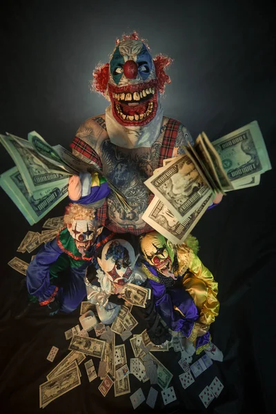 Scary Clowns Posing Together Cash Dark Background — Stock Photo, Image