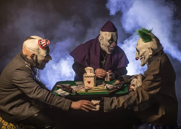 Three Clowns Sitting Table Playing Poker Money Casino — Stock Photo, Image