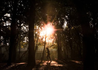 Sabah güneş uyanırken bir adam ağaçlarla dolu bir ormana koşar..