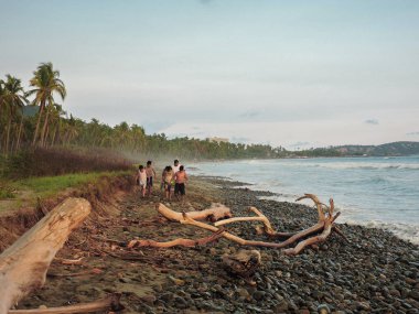 Bir grup arkadaş bakire bir plajda yürüyor.