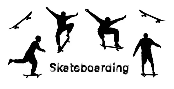 Siyah kaykaycı siluetleri. Paten numarası Ollie. Kaykay