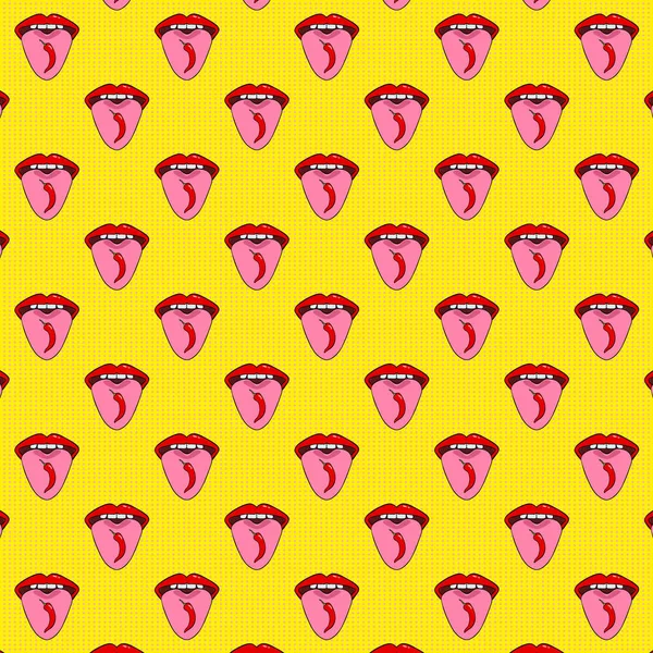 Dilinde kırmızı acı biber olan kusursuz bir desen. Kız dil gösteriyor. Sarı benekli arka planda pop sanat tarzı kırmızı dudaklar. Kafe tasarımınız veya baharatlı yiyecek paketlemeniz için vektör deseni.