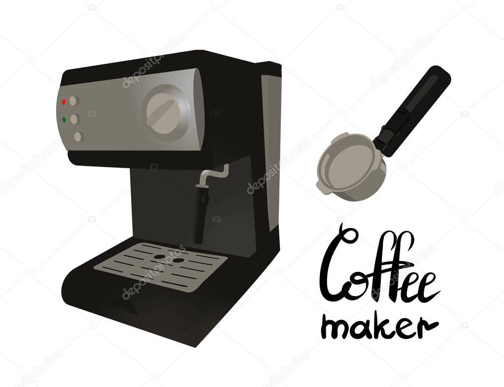 Coffee machine with portafilter. Lettering coffee maker. Isolated isometric vector illustration.