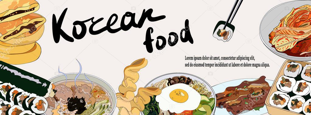 Template banner with a set of Korean dishes for websites or soci