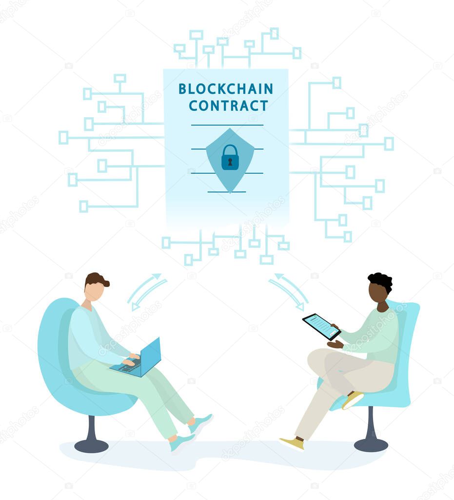 Two guys with a laptop and tablet sign a smart contract. Blockchain technology, electronic documents and digital signatures. Conclusion of online transactions. Vector flat illustration