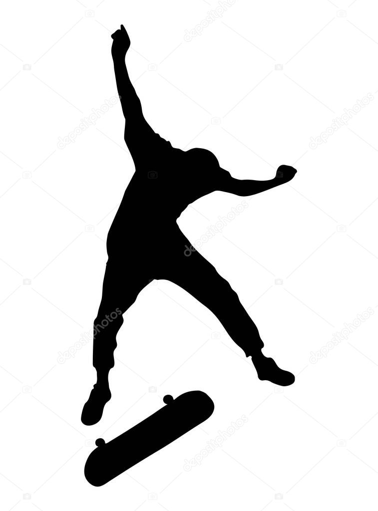 Black silhouette of skateboarder isolated on white background. Guy jumping with skateboard. Skate trick ollie. Extreme sport. Vector illustration