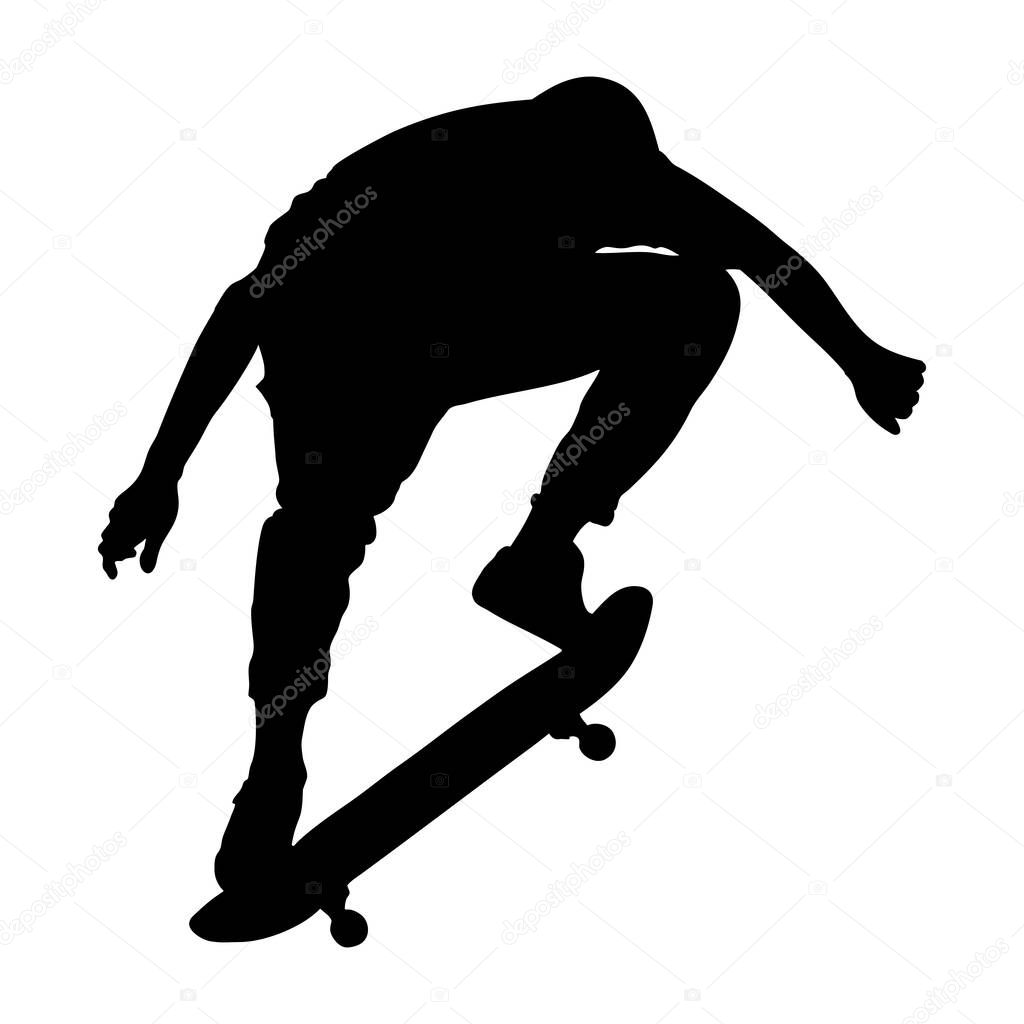Black silhouette of skateboarder isolated on white background. Guy jumping with skateboard. Skate trick ollie. Extreme sport. Vector illustration