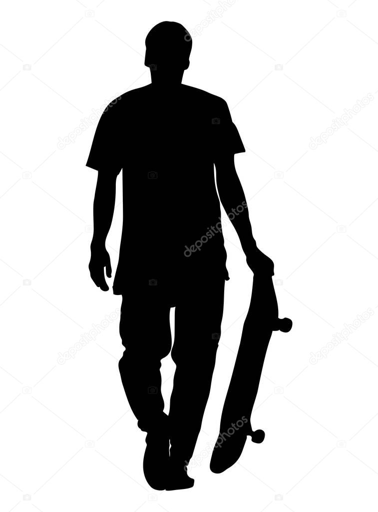 Black silhouette of skateboarder isolated on white background. The guy walks with skateboard in his hand. Casual style. Extreme sport. Vector illustration