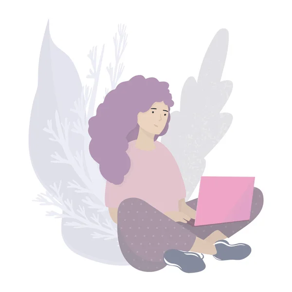 Kucağında dizüstü bilgisayarla yerde oturan bir kız. Pembe ve eflatun renkli bir resim. Evde ya da dışarıda çalışma konsepti. Vektör düz resimleme