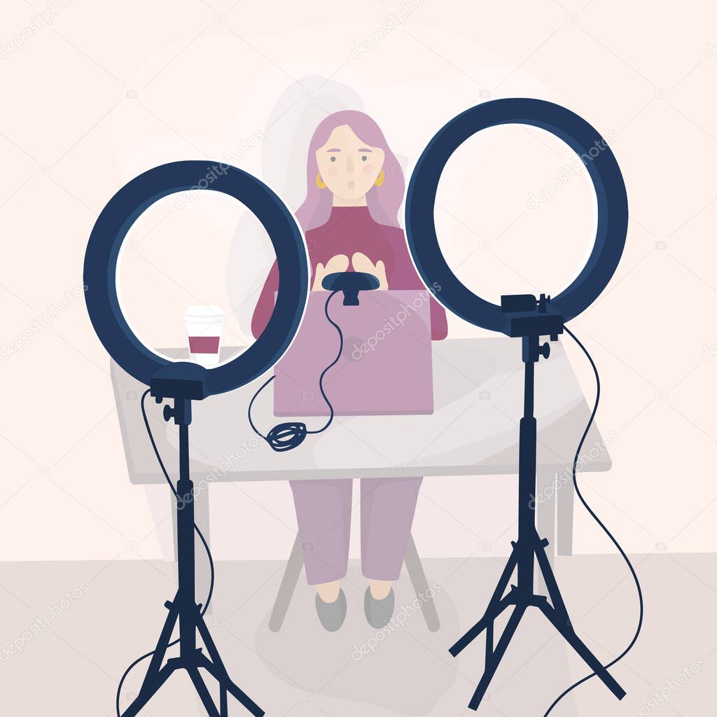 Girl shoots video on webcam in studio with ring light on tripods. Blogger sitting at the table with laptop and streaming. Webinar recording. Vector flat illustration