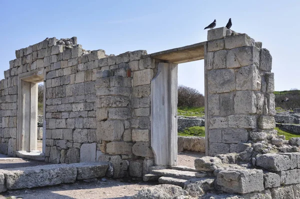 Eski yapının kalıntıları. Taş duvardaki kapılar, üst katta oturan iki güvercin..