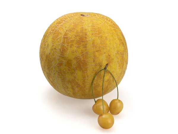 Žlutý Kulatý Meloun Před Tím Jsou Tři Bobule Žluté Třešně — Stock fotografie
