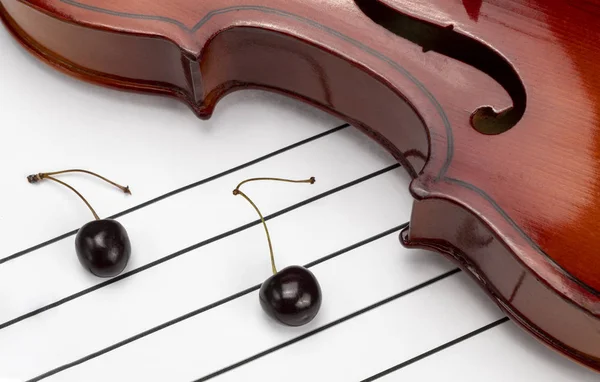 Violin with notes of cherries. Music camp. Musical instrument. On a white background. Still life. Close-up.