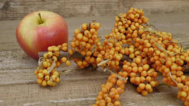 木质表面的沙棘和苹果 秋天的成熟水果和浆果 — 图库视频影像